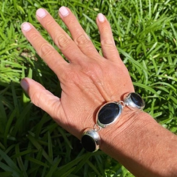 VTG 925 Silver Black Onyx Oval Stones Toggle BRACELET - Picture 5 of 7